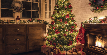 Cozy holiday living room with decorated Christmas tree, wrapped gifts, lit fireplace, wreaths, and garland on rustic wood furniture