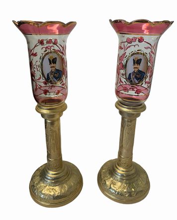 PAIR of vintage Persian hurricane lamps w/ image of Shah on brass incised bases,