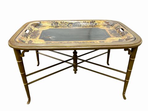 19th Century Tole Tray w/Custom Painted Faux Bamboo Coffee Table, H. 18 in.