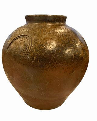 Vintage brown/black Japanese stoneware water jar, 7.75" h