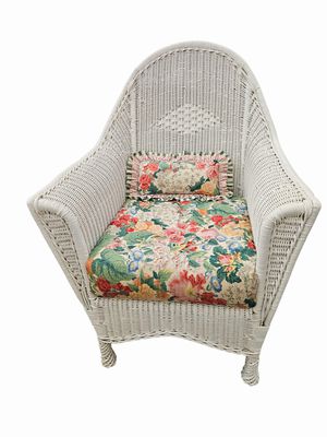 2 Vintage Painted Wicker Arm Chairs, H. 38 in. x W. 28.5 in. x D. 24.5 in.