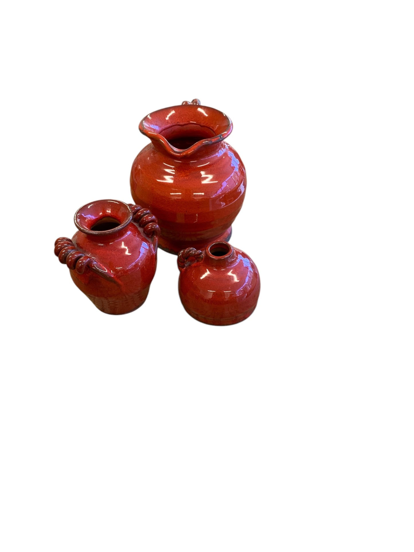 3 Pc Set Barn Red Glazed Pitcher w 2 vases 7"h, 5"h, 3"h