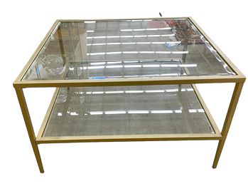 Glass-top coffee table w/ undershelf in gold frame, 32x32"