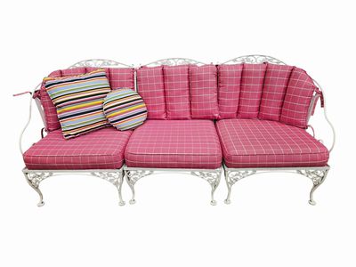 Woodard 3 Piece Vintage Wrought Iron Sofa w/Cushions, H. 33 in. x L. 73 in.