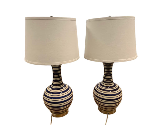 PAIR of blue/white ceramic lamps w/ white shades, 27.75" h