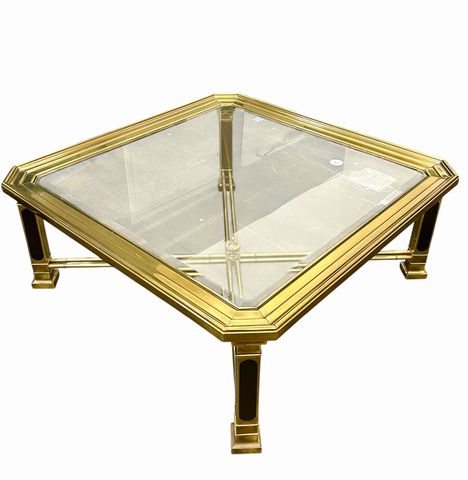 Vintage Brass & Glass Coffee Table, H. 16 in. x 40 in. x 40 in.