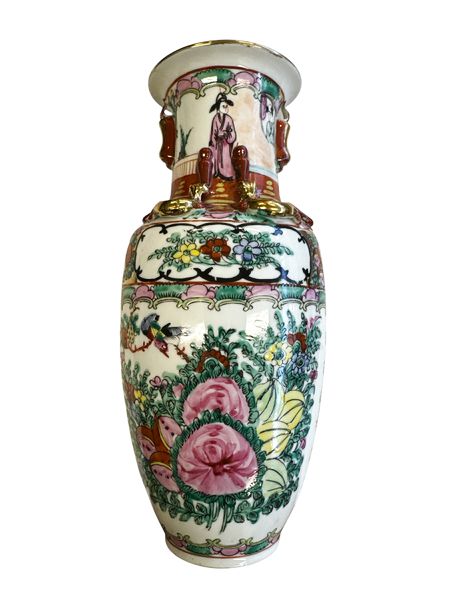 Oriental Rose Medallion Vase 10x5"