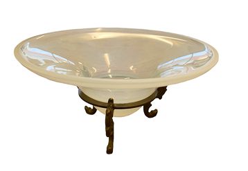 Vaseline glass bowl on brass footed base, 7" diam.