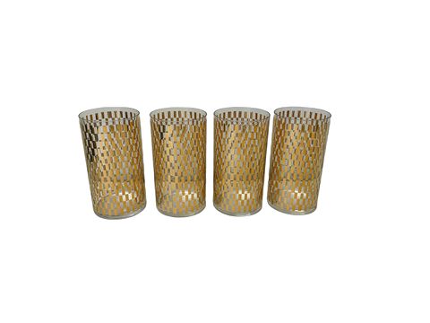 VTG Set of 4 Culver glasses, gold cubed pattern, 5.25"H