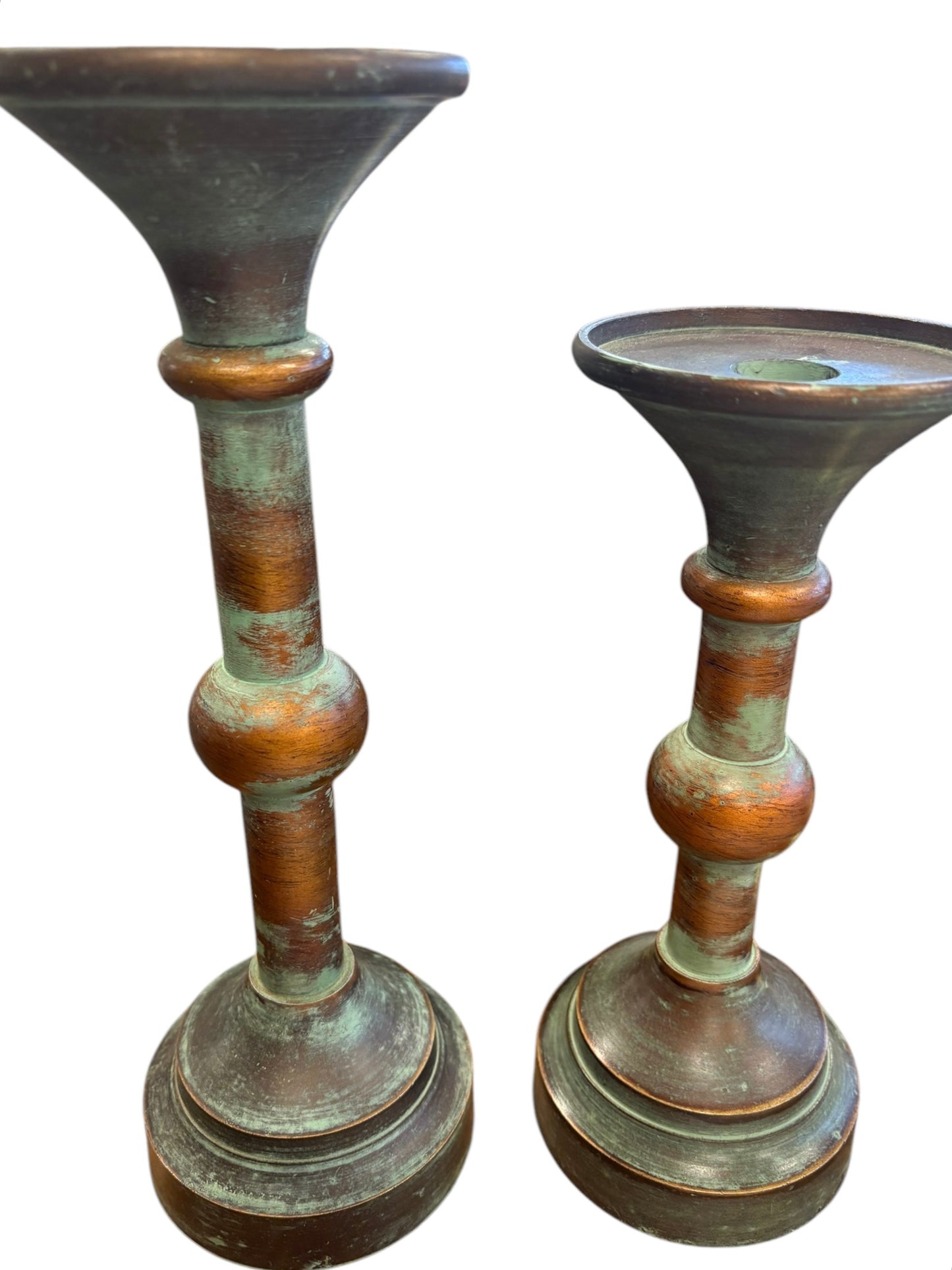 PAIR of copper verdigris-finish graduated candlesticks, 9" & 11"