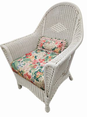 2 Vintage Painted Wicker Arm Chairs, H. 38 in. x W. 28.5 in. x D. 24.5 in.
