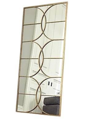 Tall Decorative Floor Mirror with Goldtone Metal Tracery and Frame, 6' h x 3' w