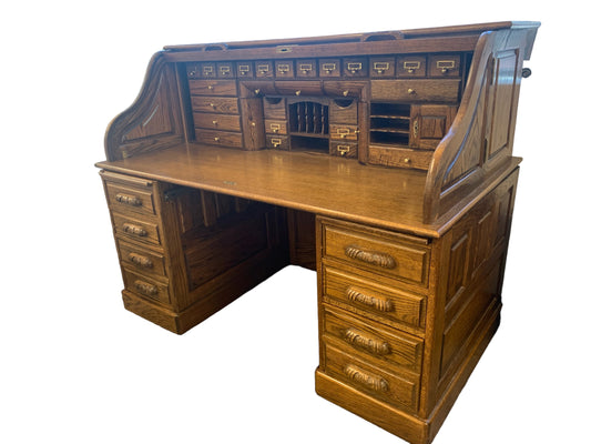 1950s solid oak/brass rolltop desk (AS IS), 66x36x50.5" h
