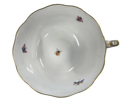 Set of 5 Herend bird motif gold-rimmed teacups, 4" diam., 2" h