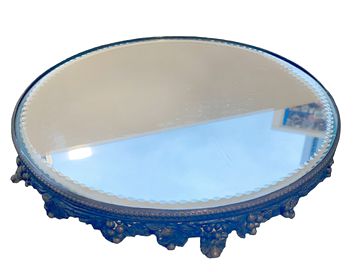 Vintage mirror perfume tray on ornate base, 12" diam.