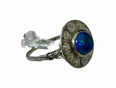 Edwardian Black Opal & Diamond Platinum Ring Size: 8.5