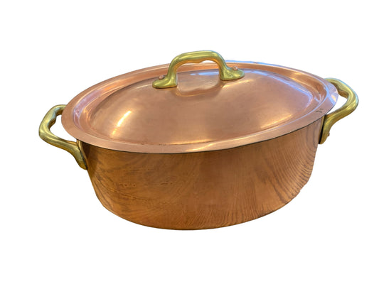 Oval copper roasting pan w/ lid, 12x7.5x5.5" h