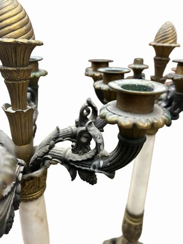 Pair Napoleon III Dore Bronze & Marble Candelabra, H. 29.5 in. x 11 in x 11 in