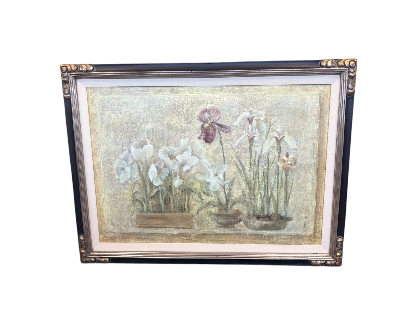 Faux acrylic painting in black frame of potted flowers,30" h x 39.5" w