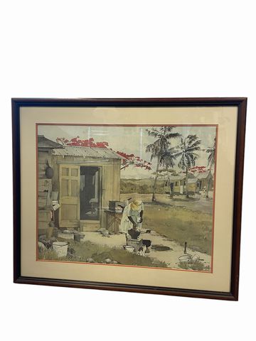 Framed watercolor print, Carribean rural scene by HD Scott, 23x27.25
