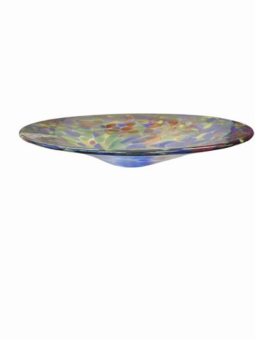 Blue & multicolor metallic art glass shallow bowl, 12Dx2.5H
