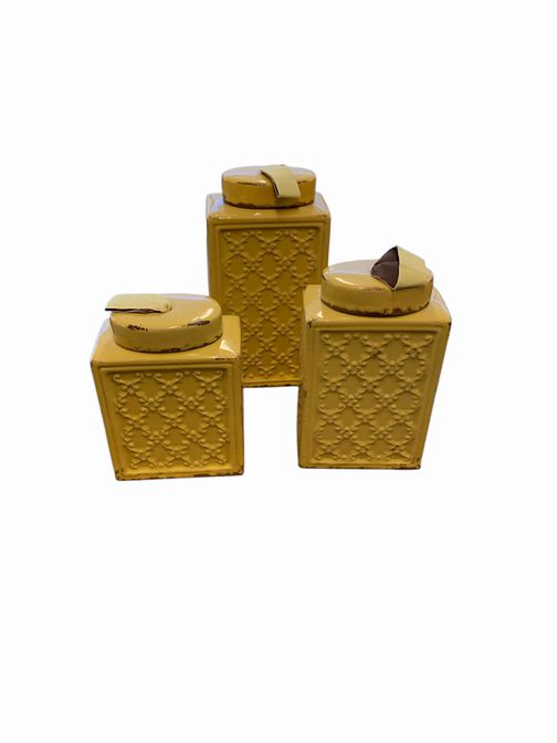 3 pc Set of Mustard Tone Ceramic Canisters 11" h, 9"h, 8'h