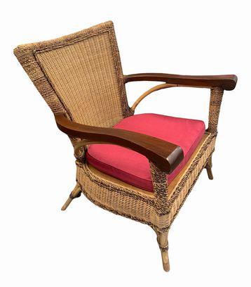 Wicker/rattan armchair w/ red cushion, 31.25x21.5x34.5" h