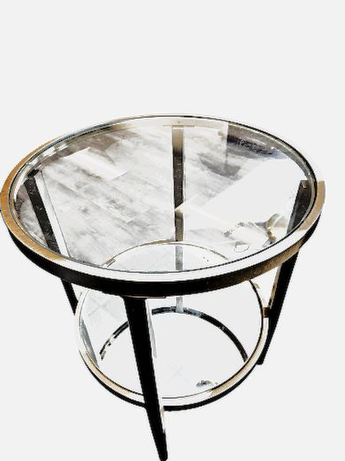Contemporary Mirrored+Glass Topped Rnd Goldtone Side Table 24h x 21dia