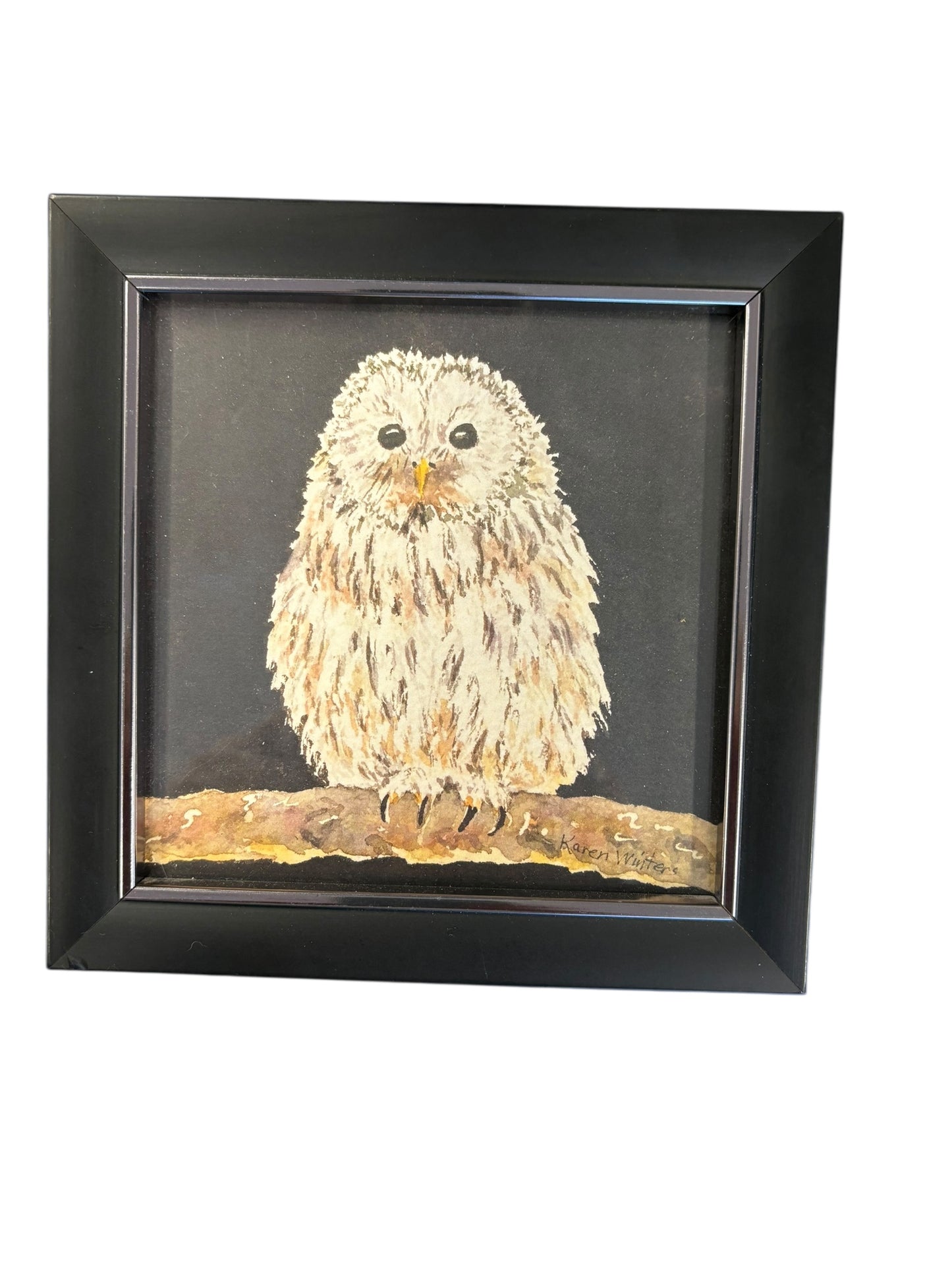 "Ural Owl" print in black frame by Karen Winters, 6" x 6"