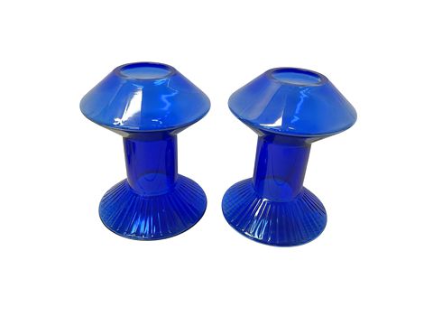 Pair Of Blue Glass Ikea Vases 10x7"