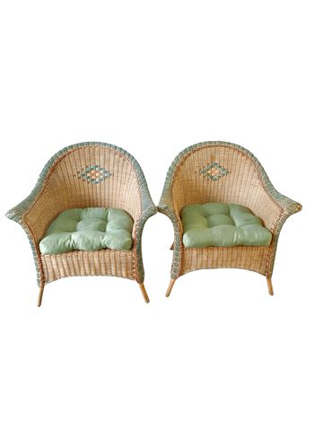 Pair Of Oversized Wicker Chairs w/Green Cushion 34x32x27"