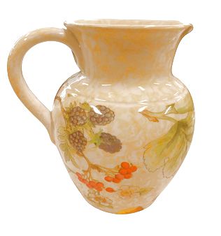 Italian yellow spongeware pitcher w/ fruit motif, 8.25" h