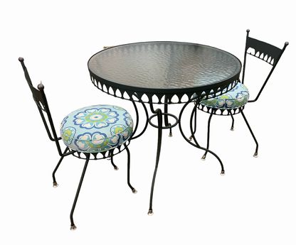 Glass-top iron bistro table (diam. 30.25) & 2 chairs