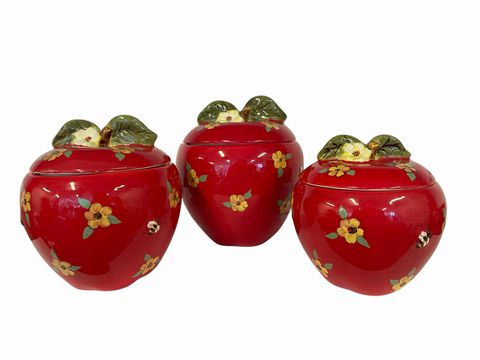 Set of 3 red apple cannisters w/lids, 6.5H to 8.25H