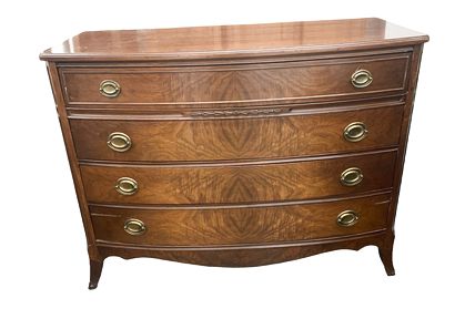 Bookmatched burl bowfront chest of drawers, 46x21x35"