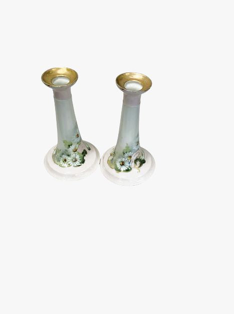 Pair Limoges Candleholders Pink w/White Floral 6"H