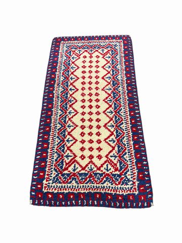 Red/blue/white handmade Moroccan wool rug, 53.5x27"