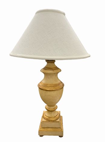 PAIR of beige urn-shape lamps w/ gold accents & ivory shade, 31.5" h