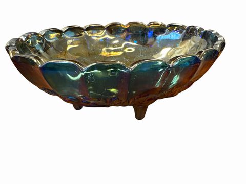 Blue Harvest Carnival Glass Footed Bowl 4" x 8"