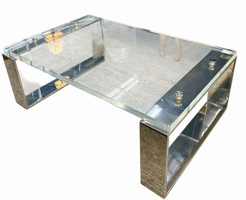 Lucite & Chrome Coffee Table (as is), H. 19.5 in. x L. 54 in. x W. 34 in.