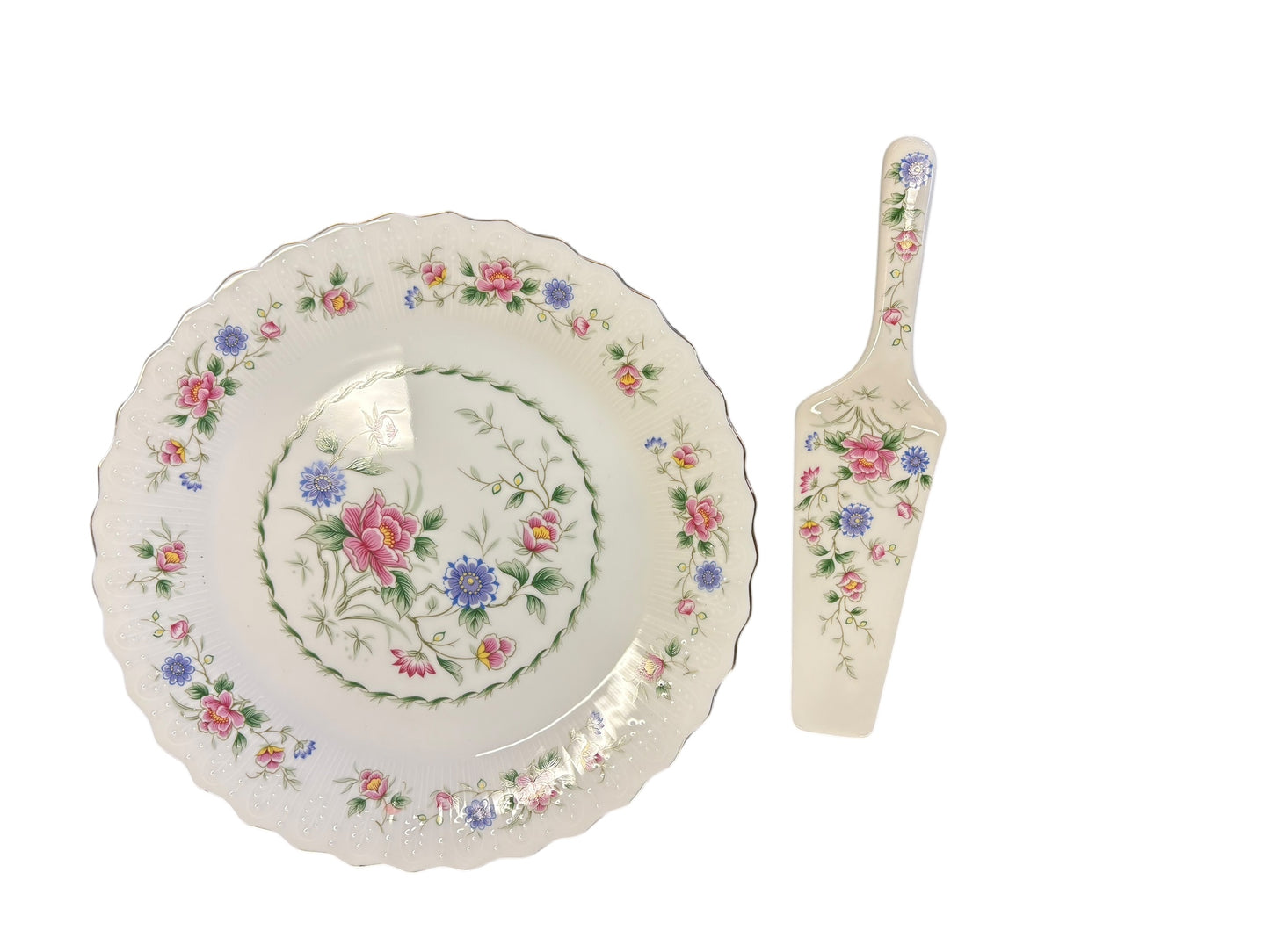 Andrea by Sadek porcelain cake plate w/ server, "Spring Night" pattern, 10.5" di
