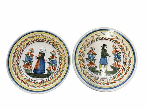 PAIR of Quimper faience (France) plates, 9.25" diam.