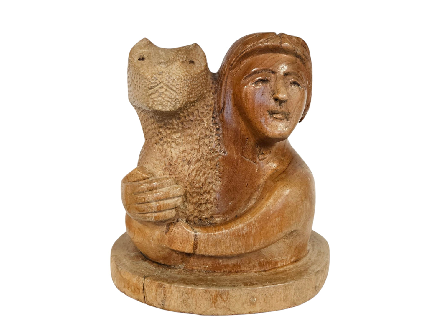 Original Wood Dbl.Sculpture Female w Cat, Signed 10"h x 10"d