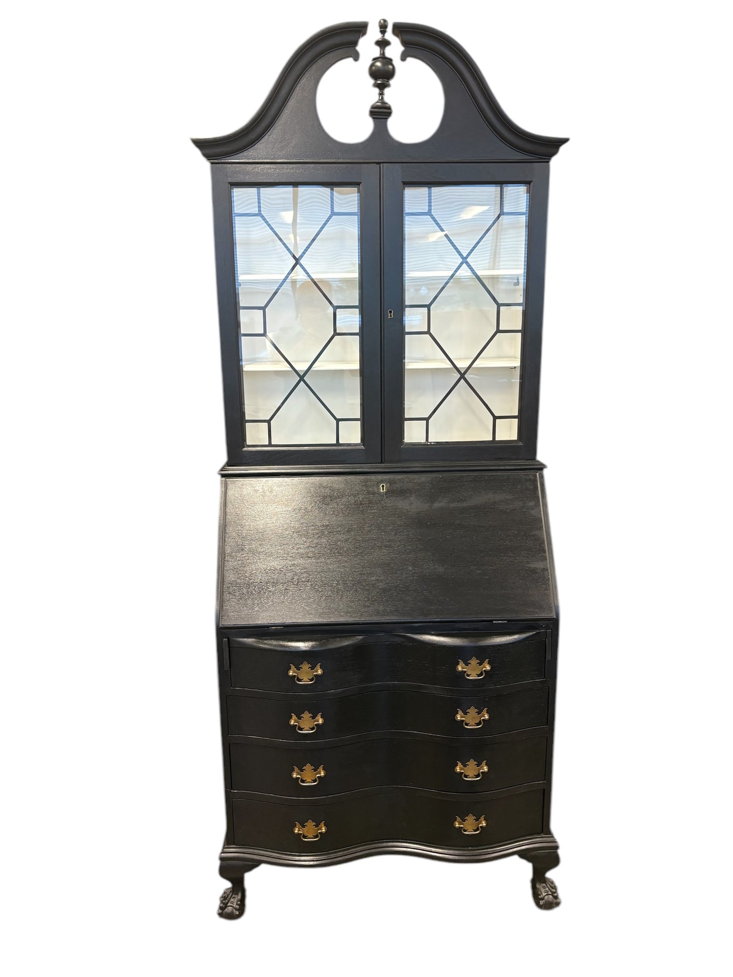 Black painted serpentine-front secretary, 82" h, 31.25" w, 17" d