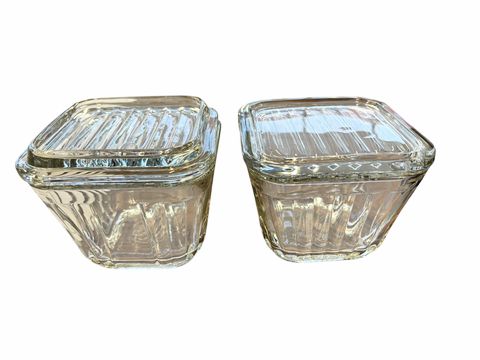 PAIR of vintage glass Anchor Hocking refrigerator dishes w/ lids, 4" h x 4.5" x