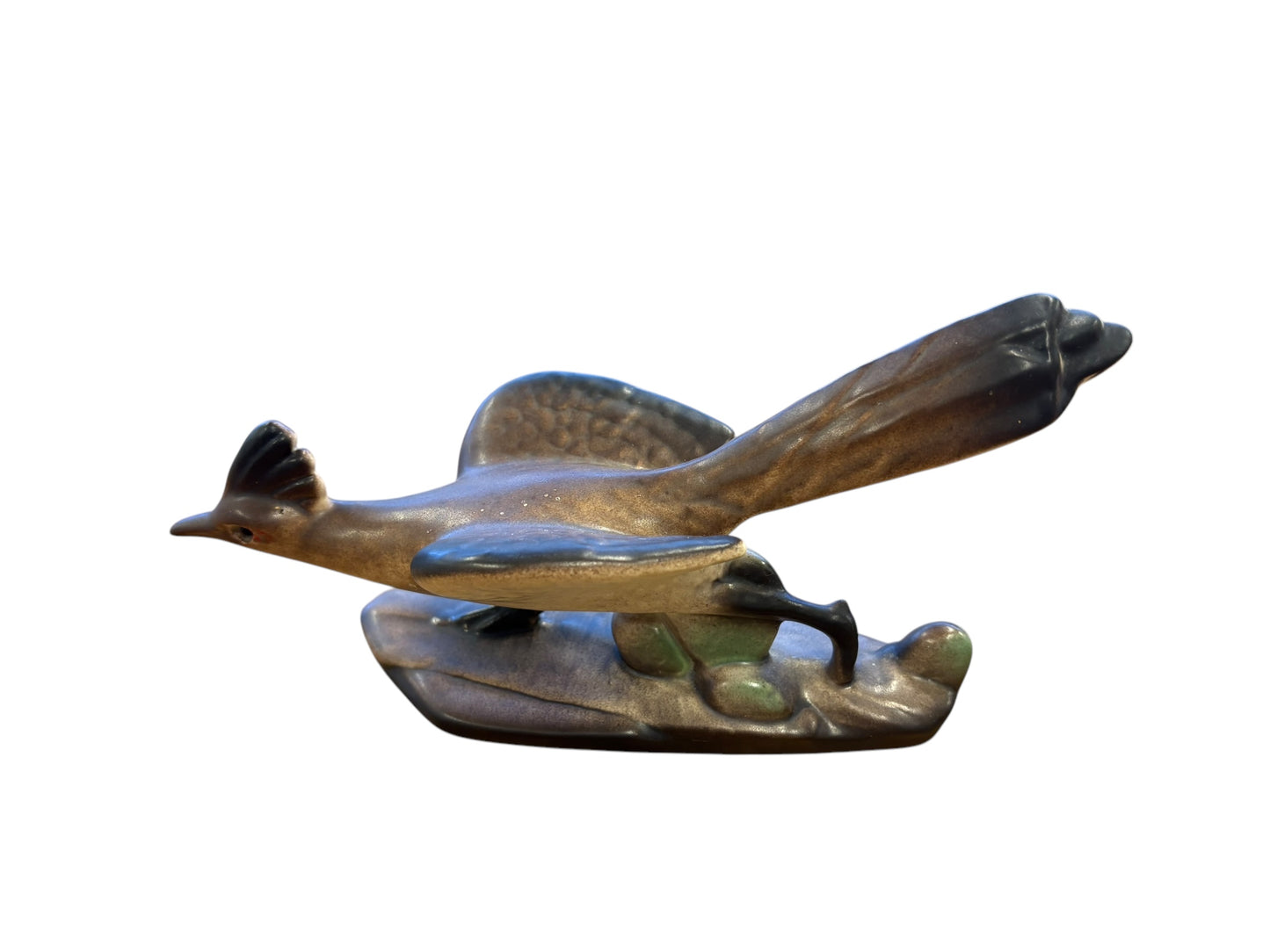 Vintage Roseland Pottery roadrunner figurine, 8.75" l 3.5" d x 4.5" h