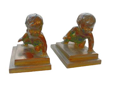 PAIR of vintage bronze babies bookends, 3.25" h