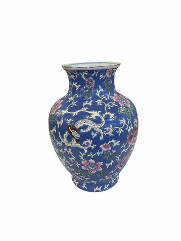 Rose Blue Famille Porcelain Vase 12x9"