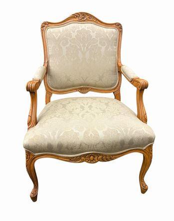 PAIR of Baker Louis XV armchairs w/ ecru damask fabric, 26.5x20.5x37.5"