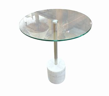 Round glass-top table w/ marble base, 17.75" diam., 21" h